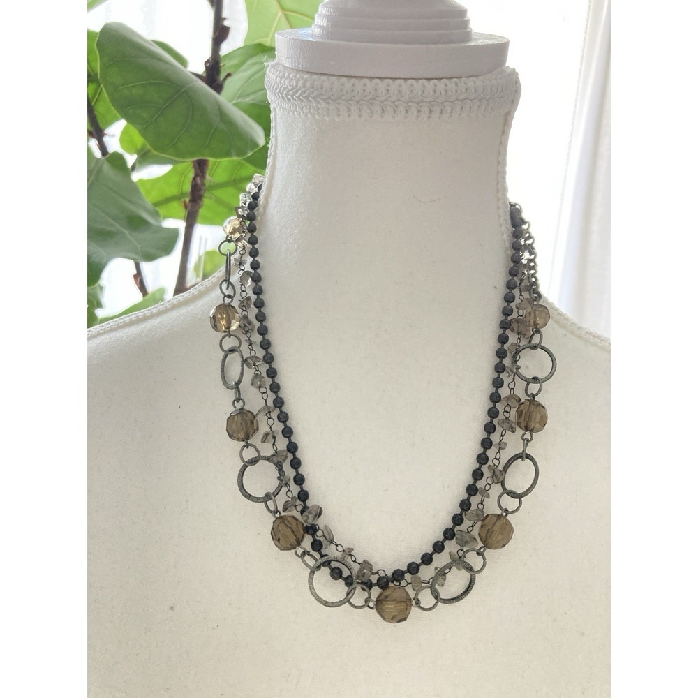 Multi Strand Beaded Necklace Black Brown Gunmetal Tone Circle Link Statement